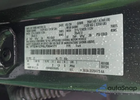 2020 Ford F-150 Xl z USA, uszkodzony, nr VIN 1FTEW1CP6LFB84171